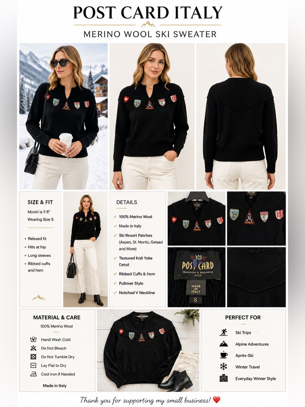 Post Card Italy Merino Wool Ski Sweater Small Black Aspen St Moritz Patches